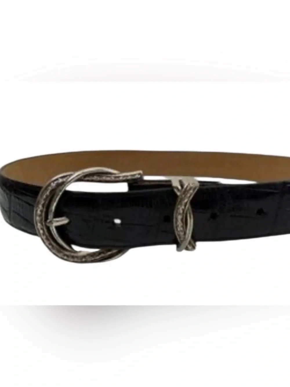 Brighton Womens Belt Black Croc Embossed Leather w Silver Barb Wire Buckle  L 34
